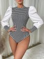 SHEIN Privé Houndstooth Print Puff Sleeve Bodysuit