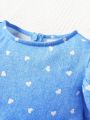 SHEIN Baby Girls' Lovely Heart Patterned Denim Print Flutter Sleeve Dress