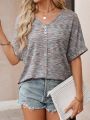 V-Neck Batwing Sleeve T-Shirt With Button Detail