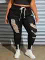 SHEIN CURVE+ Plus Size Women's Drawstring Waist Ripped Skinny Jeans