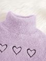 SHEIN Kids KDOMO Teenage Girls' Loose Fit Academy Heart Embroidered High Neck Plush Sweatshirt