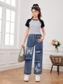 Teenage Girls' Butterfly Print Distressed Loose Fit Straight Leg Jeans