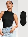 SHEIN BASICS Women's Solid Color Stand Collar Bodysuit