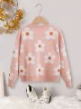 SHEIN Kids CHARMNG Tween Girls Floral Pattern Drop Shoulder Sweater