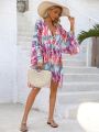 SHEIN Swim BohoFeel Random Tie Dye Deep V-Neck Asymmetrical Hem Cover Up Dress