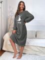 Bear & Letter Embroidery Plush Sleepwear Dress