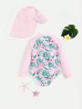 SHEIN Baby Girl Casual Plant Pattern Colorblock Long Sleeve One-Piece Swimsuit With Hat