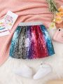 Young Girl Ombre Sequin Print Contrast Tape Waist Skirt