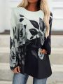 Women'S Plus Size Floral Leaf Print Long Sleeve T-Shirt