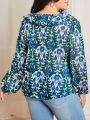 SHEIN Frenchy Plus Size Vacation Printed V-Neck Blouse With Ruffle Hem