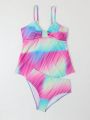 Teenage Girls' Tie-Dye Split Swimsuit, Fashionable Vest Design