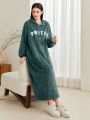 SHEIN Mulvari Letter Embroidery Drop Shoulder Drawstring Flannel Hooded Sweatshirt Dress