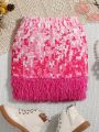 SHEIN Tween Girls Sports Sweet And Cool Knitted Fuzzy Hem Sequin Effect Skirt