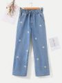 SHEIN Teenage Girls' Casual Mid-Rise Straight-Leg Jeans With Daisy Embroidery