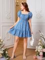 SHEIN Teen Girl Ditsy Floral Print Puff Sleeve Ruffle Hem Dress