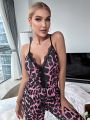 Leopard Print Crisscross Back Lace Trim Mesh Cami Lounge Jumpsuit