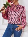 SHEIN LUNE Ladies' Long Sleeve Shirt With Heart Print And Ruffle Hem