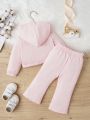 Baby Girl Letter Patched Hooded Jacket & Split Hem Flare Leg Pants