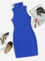 SHEIN Privé Plus Solid High Neck Ribbed Knit Bodycon Dress