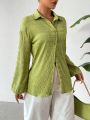 SHEIN Essnce Mustard Green Casual Versatile Fashionable Lantern Sleeve Women's Shirt