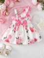 Baby Floral Print Ruffle Trim Bow Front Dress