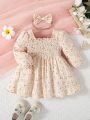2023 Leisure Fashion Comfortable Floral Printed Long Sleeve Dress With Elasticated Hem And Headband For Baby Girls