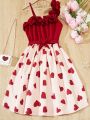 Teen Girls' Love Heart Print Irregular Collarless Belted Sleeveless Dress