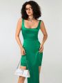 ILLY Ladies' Solid Color Asymmetric Hem Split Dress