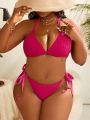 SHEIN Swim Vcay Plus Size Solid Color Halter Top With Knotted Side Triangle Bikini Bottoms Swimsuit Set