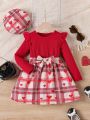 SHEIN Kids QTFun Little Girls' Plaid Heart Pattern Printed Spliced A-line Dress With Belt And Ruffled Hem