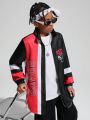 SHEIN Kids Cooltwn Boys' Casual Thick Jacquard Jacket With Letter Print And Contrast Color Sleeves