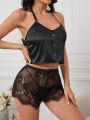 Lace Trimmed Satin Halter Top And Sheer Shorts Pajama Set