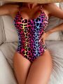 SHEIN Swim Summer Beach Leopard Print Crisscross Backless One Piece Swimsuit