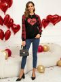 EMERY ROSE Valentine's Day Heart & Checkered Print Raglan Sleeves Casual Sweatshirt