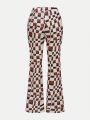 SHEIN X Elena Grib Plaid Print Flare Leg Pants