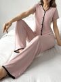 Colorblock Edging Button Front Short Sleeve Top And Long Pants Homewear Set