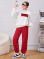 Teen Girls' Knitted Sweater And Pants Set With Letter Printed Round Neck