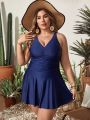 SHEIN Swim Classy Women's Plus Size Solid Color Pleated V-neck One Piece Swimsuit