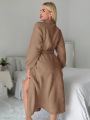 Women's Plush Robe With Heart Embroidery And Waist Belt