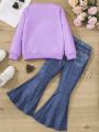 Young Girl Figure Graphic Bow Front Sweatshirt & Flare Leg Pants