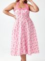 Retro Peaches Floral Print Plus Size Halter Neck Dress For Women