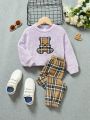 SHEIN Young Girl Bear Embroidery Teddy Sweatshirt & Plaid Pants