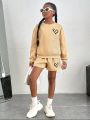 SHEIN Kids Cooltwn Girls' Fashionable Streetwear Knitted Round Neck Long Sleeve Tracksuit