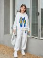 SHEIN Kids EVRYDAY Tween Girls' Knitted Loose Printed Hoodie With Characters And Matching Baggy Knit Jogger Pants Set