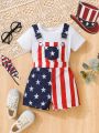 SHEIN Baby Solid Tee & Americana Print Overall Romper