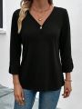 Women's Casual Loose Fit T-shirt With Button Detail In Solid Color