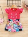 SHEIN Kids QTFun Young Girls' 2pcs Loose Fit Casual Watermark T-Shirt And Digital Print Shorts Set