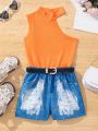 Toddler Girls' Irregular Shoulder Tank Top And Denim Printed Shorts 2pcs/Set