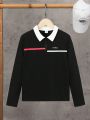 SHEIN Kids Academe Tween Boy Letter Embroidery Contrast Collar Quarter Zip Polo Shirt