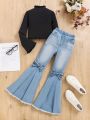 SHEIN 2pcs/Set Teen Girls' Flare Sleeve Knit T-Shirt + Denim Butterfly Decoration Flare Pants Outfit